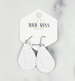Leather Teardrop Earring "Weaved White"