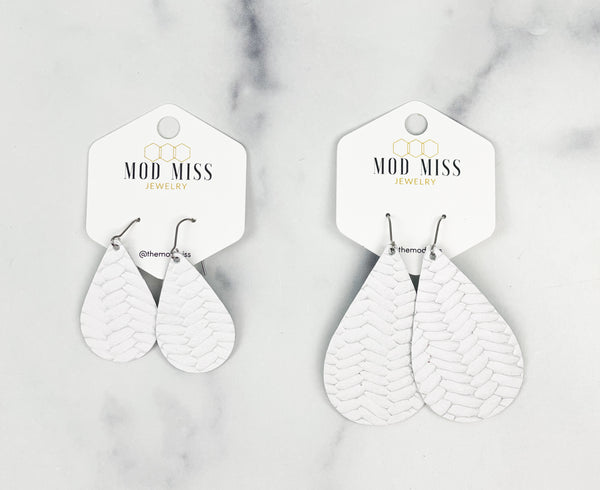 Leather Teardrop Earring "Weaved White"