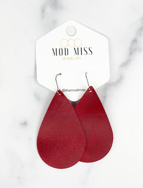 Leather Teardrop Earring "Worn Red"